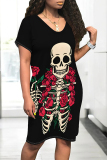 Black Apricot Casual Skull Flowers Print Pocket O Neck Short Sleeve Short Sleeve Dress