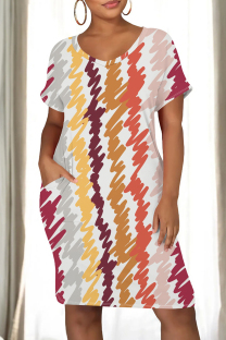 Multicolor Casual Print Pocket Patchwork O Neck Straight Dresses