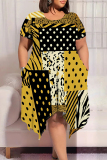 Black And White Casual Plaid Geometric Print Pocket Contrast O Neck Short Sleeve Plus Size Dresses