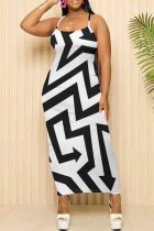 Black White Casual Geometric Print Patchwork Spaghetti Strap Sling Dresses