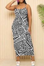 White Casual Geometric Print Patchwork Spaghetti Strap Sling Dresses