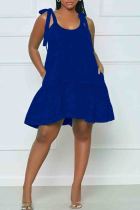 Deep Blue Sexy Solid Color Pocket Patchwork Backless Strap Design U Neck A Line Dresses