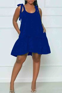 Deep Blue Sexy Solid Color Pocket Patchwork Backless Strap Design U Neck A Line Dresses