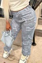 Light Gray Street Letters Pocket Buttons Patchwork Zipper Regular High Waist Conventional Patchwork Bottoms