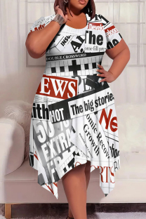 Red White Casual Print Patchwork O Neck Irregular Plus Size Dresses