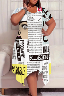 White Casual Newspaper printing Irregular Contrast O Neck Printed Plus Size Dresses