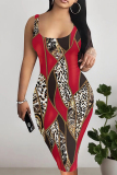 Red Sexy Leopard Print Chain print Contrast U Neck One Step Skirt Dresses