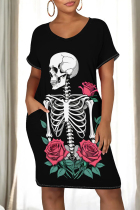Black White Casual Skull Flowers Print Pocket O Neck Short Sleeve Short Sleeve Dress
