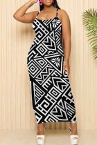 Black And White Casual Geometric Print Patchwork Spaghetti Strap Sling Dresses