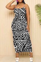 Black Casual Geometric Print Patchwork Spaghetti Strap Sling Dresses