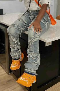 Light Blue Street Solid Color Ripped Buttons Patchwork Zipper Mid Waist Straight Denim Jeans