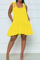 Yellow Sexy Solid Color Pocket Patchwork Backless Strap Design U Neck A Line Dresses
