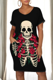 Black Apricot Casual Skull Flowers Print Pocket O Neck Short Sleeve Short Sleeve Dress