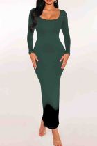 Ink Green Elegant Print Patchwork U Neck Long Dresses
