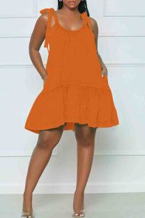 Tangerine Red Sexy Solid Color Pocket Patchwork Backless Strap Design U Neck A Line Dresses