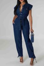 Deep Blue Street Solid Color Pocket Buckle Patchwork Cross Straps Strap Design Cardigan Collar High Waist Regular Denim Jumpsuits