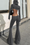 Dark Gray Casual Solid Color Hollow Out Patchwork Backless Hooded Regular Jumpsuits
