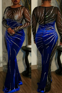 Blue Sexy Patchwork Hot Drilling See-Through O Neck Evening Dresses