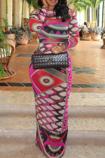 Pink Elegant Print Patchwork O Neck Long Dresses
