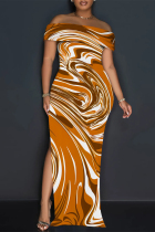 Orange Sexy Striped Print Slit Contrast Off Shoulder Printed Dresses