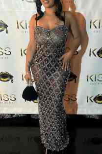 Black Sexy Patchwork Hot Drilling See-Through Backless Spaghetti Strap Evening Dresses