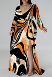 Orange Sexy Floral Print The stars Lace Up Contrast V Neck Printed Plus Size Dresses