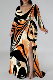 Orange Black Sexy Floral Print The stars Lace Up Contrast V Neck Printed Plus Size Dresses