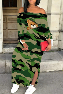 Ink Green Casual Geometric Print Camouflage Print Slit Off Shoulder Printed Dresses