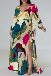 Colour Sexy Floral Print The stars Lace Up Contrast V Neck Printed Plus Size Dresses