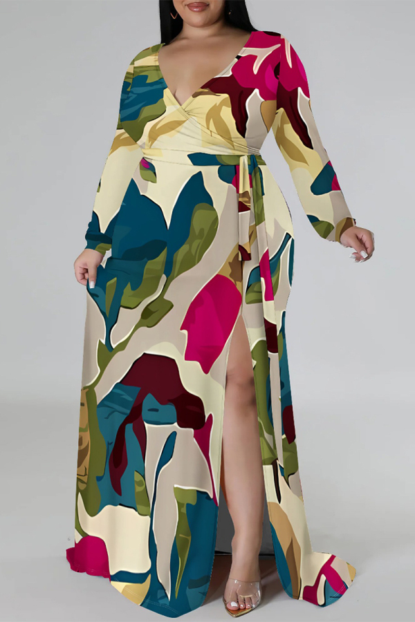 Colour Sexy Floral Print The stars Lace Up Contrast V Neck Printed Plus Size Dresses