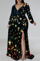 Blue Black Sexy Floral Print The stars Lace Up Contrast V Neck Printed Plus Size Dresses