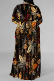Orange Sexy Floral Print The stars Lace Up Contrast V Neck Printed Plus Size Dresses