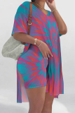 Blue Purple Casual Street Tie Dye Print Slit Contrast V Neck Short Sleeve Two Pieces