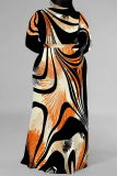 Orange Sexy Floral Print The stars Lace Up Contrast V Neck Printed Plus Size Dresses
