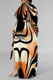 Orange Sexy Floral Print The stars Lace Up Contrast V Neck Printed Plus Size Dresses