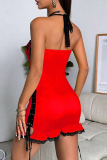Red Sexy Print Lace Patchwork Backless Cross Straps Halter Wrapped Skirt Dresses