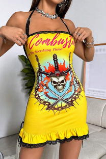 Yellow Sexy Print Lace Patchwork Backless Cross Straps Halter Wrapped Skirt Dresses