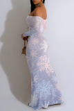 Baby Blue Sexy Floral Print Contrast Off Shoulder One Step Skirt Dresses