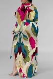 Orange Sexy Floral Print The stars Lace Up Contrast V Neck Printed Plus Size Dresses