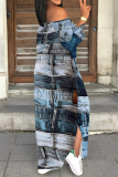 Grey Sexy Faux Denim Print Slit Off Shoulder Printed Dresses