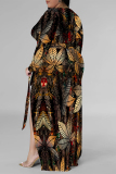 Orange Sexy Floral Print The stars Lace Up Contrast V Neck Printed Plus Size Dresses