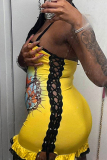 Red Sexy Print Lace Patchwork Backless Cross Straps Halter Wrapped Skirt Dresses