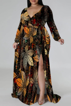 Orange Sexy Floral Print The stars Lace Up Contrast V Neck Printed Plus Size Dresses