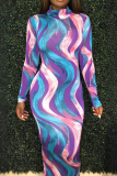 Purple Elegant Print Patchwork Half A Turtleneck Wrapped Skirt Dresses