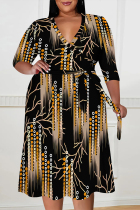 Black Elegant Floral Print Lace Up Contrast V Neck Printed Plus Size Dresses