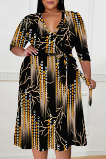Black Elegant Floral Print Lace Up Contrast V Neck Printed Plus Size Dresses