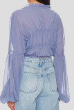 Blue Sexy Solid Color Patchwork See-Through Ruched Strap Design V Neck Tops