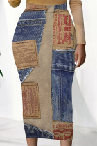 Blue Brown Casual Faux Denim Print Contrast Regular High Waist Full Print Bottoms