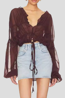 Coffee Sexy Solid Color Patchwork See-Through Ruched Strap Design V Neck Tops