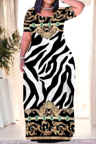White Casual Print Patchwork O Neck Straight Plus Size Dresses
